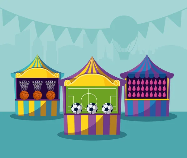 Ensemble de tentes de cirque avec jeux — Image vectorielle