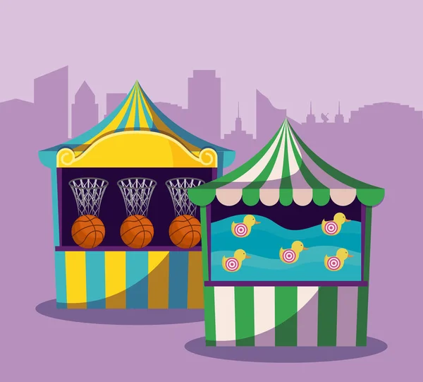Conjunto de tendas de circo com jogos — Vetor de Stock