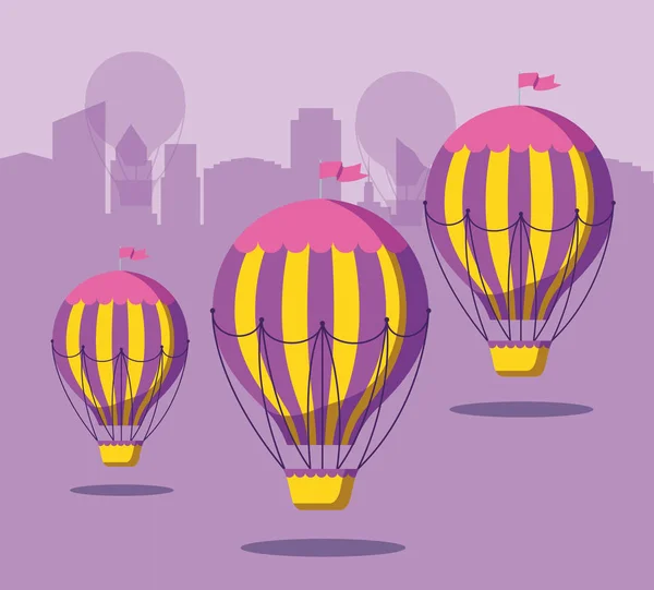 Globos aire caliente vuelo con paisaje urbano — Vector de stock