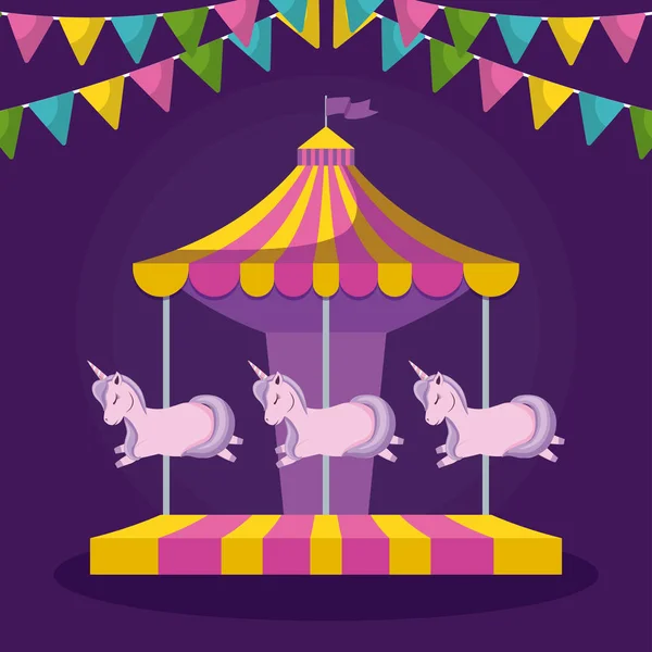 Carousel with unicorns and garlands hanging — Stock Vector