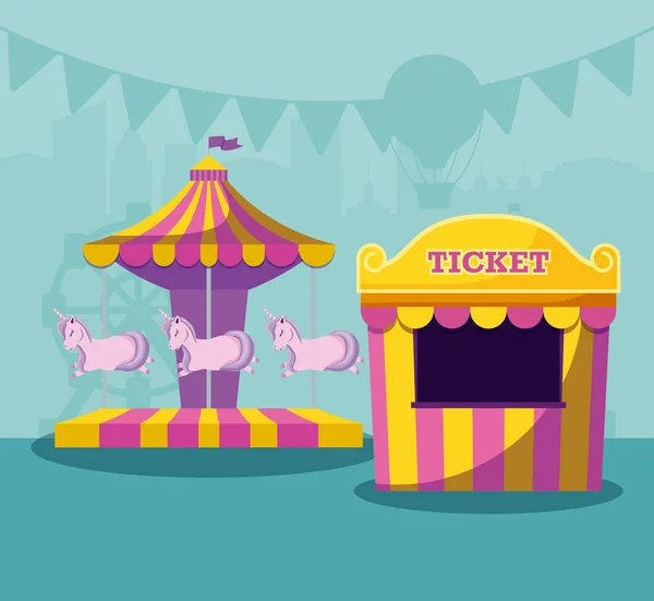 Circus tent koop ticket met carrousel van eenhoorns — Stockvector