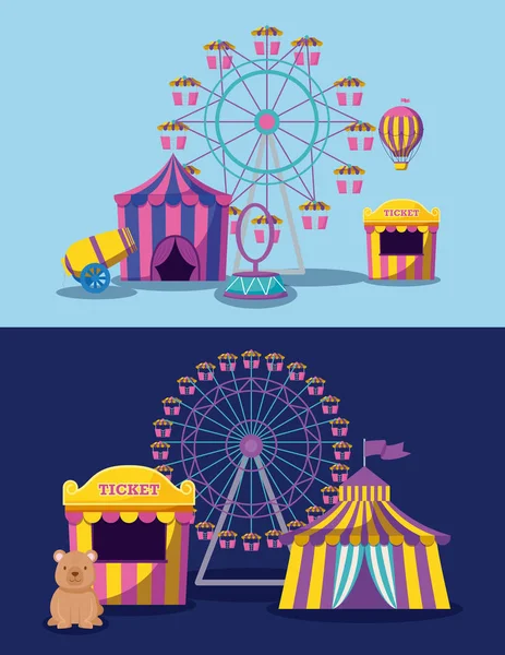 Parc d'attractions avec tentes cirque et icônes — Image vectorielle