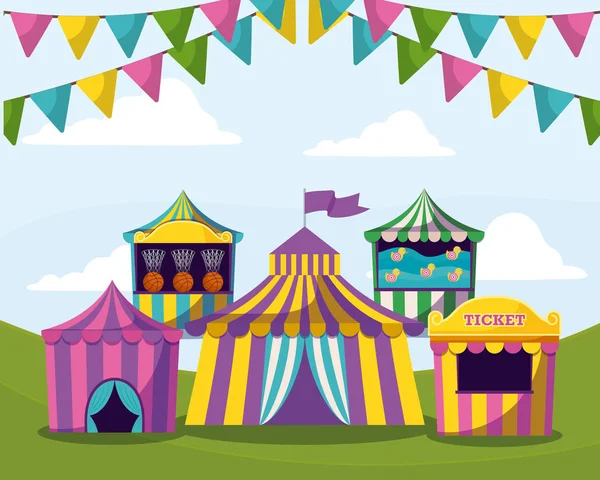 Tentes de cirque avec guirlandes icône isolée — Image vectorielle
