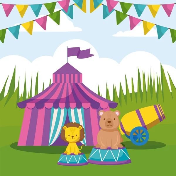 Tente de cirque avec guirlandes et animaux mignons — Image vectorielle