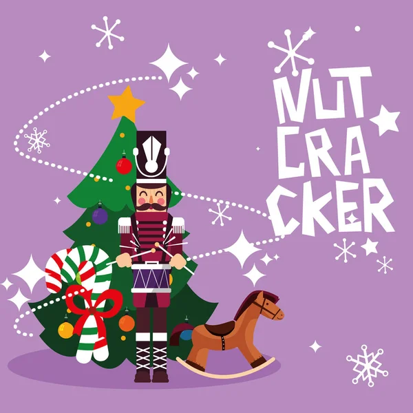 Louskáček voják s strom vánoční a hračky — Stockový vektor