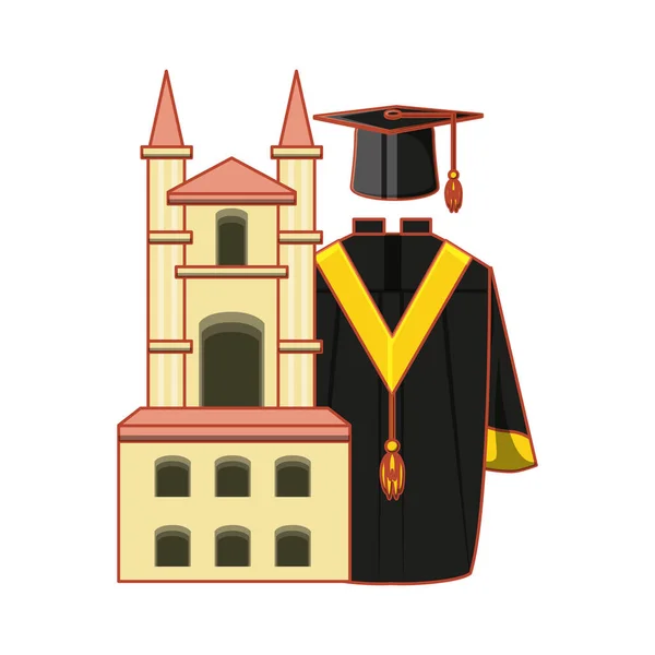 ガウンと帽子の卒業と建物 — ストックベクタ