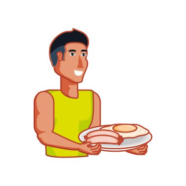 Kızarmış sosis ve yumurta ile genç atletik erkek