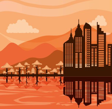 Cityscape binalar sahne ile