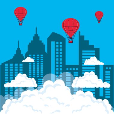 Cityscape binalar ve balon ile hava sıcak uçan
