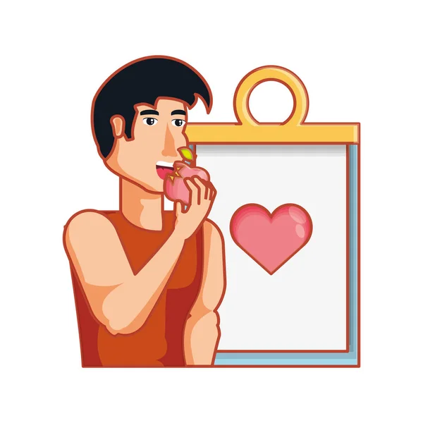 Молодой спортсмен ест яблоко с блокнотом контрольного списка — стоковый вектор