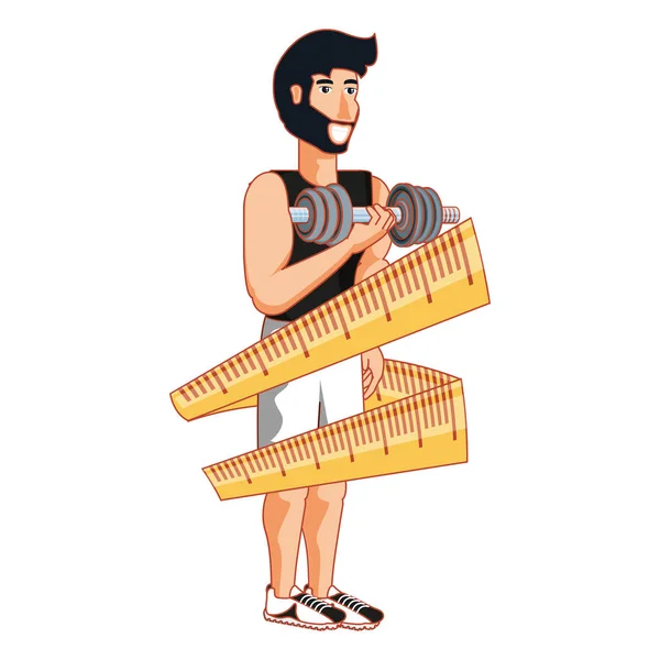Athletic man with dumbbell and measuring tape — Stock Vector