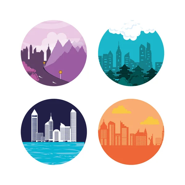Conjunto de paisajes urbanos con icono de edificios — Vector de stock