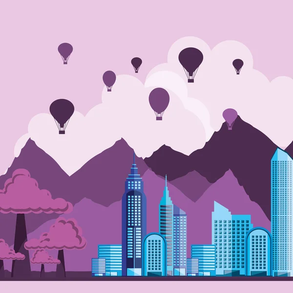 Paisaje urbano con edificios y globos aire caliente — Vector de stock