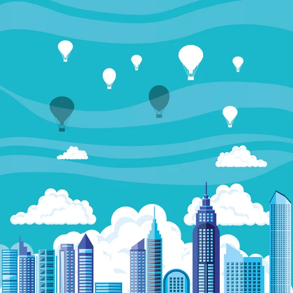 Paisaje urbano con edificios y globos aire caliente — Vector de stock