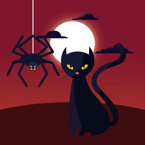 Kedi Örümcek Gece Cadılar Bayramı Kutlama Vektör Çizim — Stok Vektör