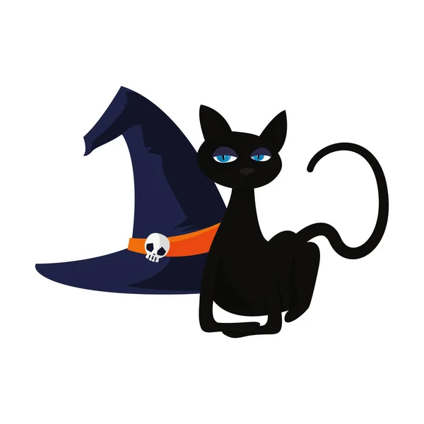 Czarny Kot Czarownica Halloween Uroczystości Wektor Ilustracja Kapelusz — Wektor stockowy