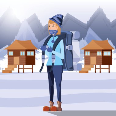 kadın turist kamp kar bölgesi