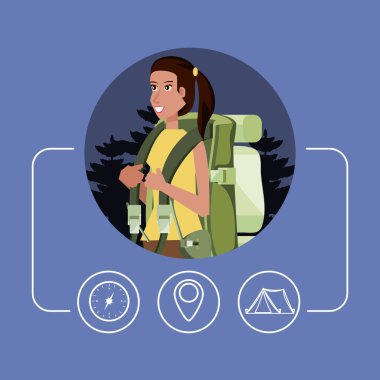 kadın turist çanta kamp ve set simgeleri ile