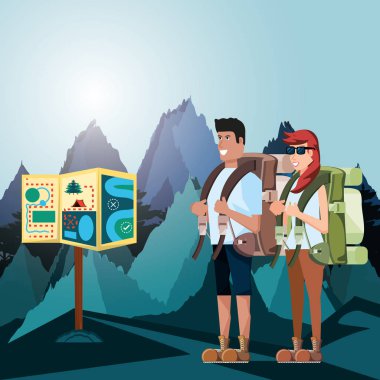 birkaç turist peyzaj ve simgeler ile