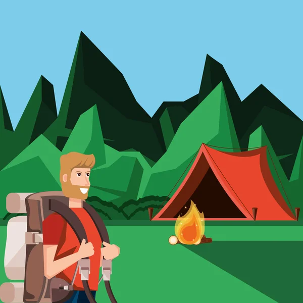 Homme touriste dans la zone de camping — Image vectorielle