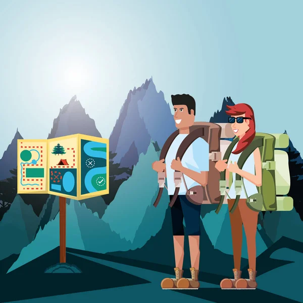 birkaç turist peyzaj ve simgeler ile