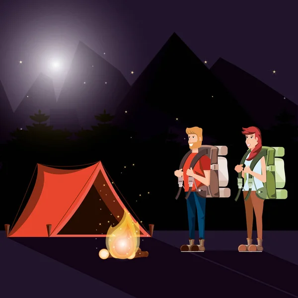 Paar Touristen im Zeltlager und im Nachtleben — Stockvektor