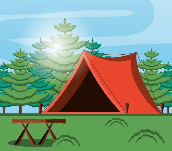 Camping zone met tent en landschap — Stockvector