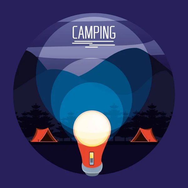 Zona de camping con tiendas de campaña y linterna — Vector de stock