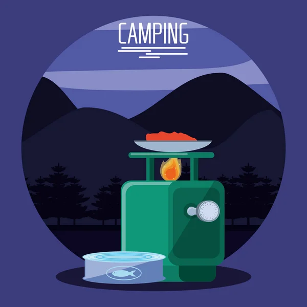 Zona de camping con horno queroseno — Vector de stock