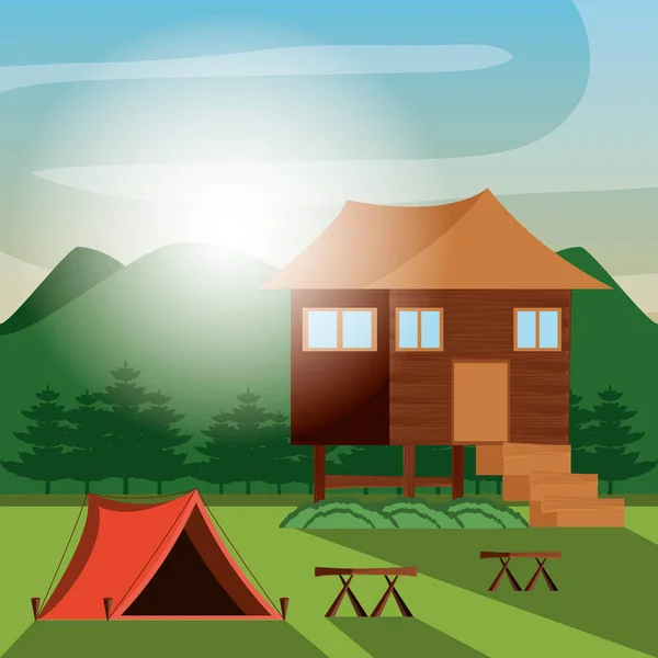 Camping zone with house wooden — Stock Vector