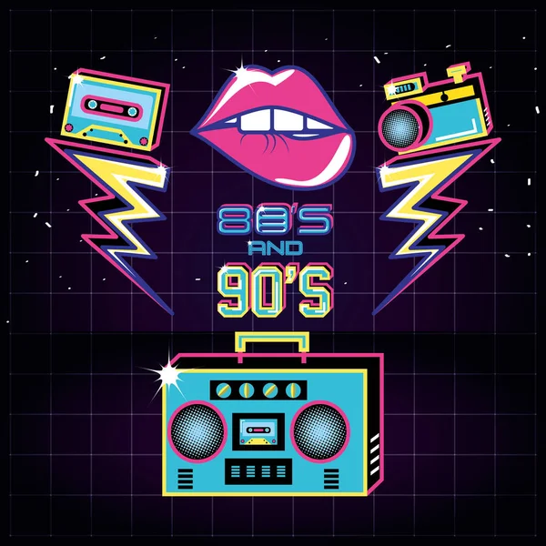 Radio with icons of eighties and nineties retro — Stock Vector