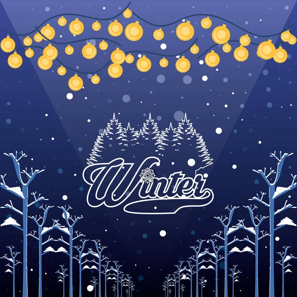 Зимний пейзаж с рождественскими лампочками — стоковый вектор