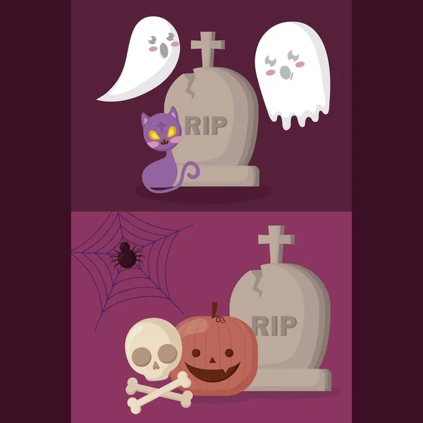 Pompoen met set pictogrammen halloween — Stockvector