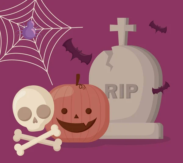 Calabaza de Halloween con tumba e iconos — Archivo Imágenes Vectoriales