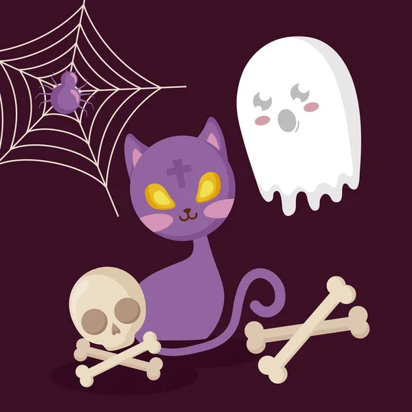 Hantu dengan kucing dan ikon halloween - Stok Vektor