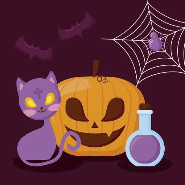 Citrouille avec chat et ensemble icônes Halloween — Image vectorielle