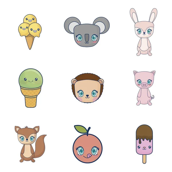 Doce e adorável kawaii definir personagens —  Vetores de Stock