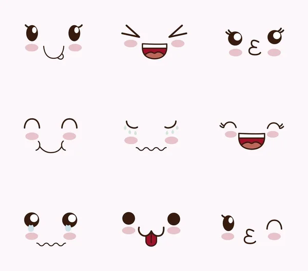 Lindo conjunto de caras kawaii — Vector de stock