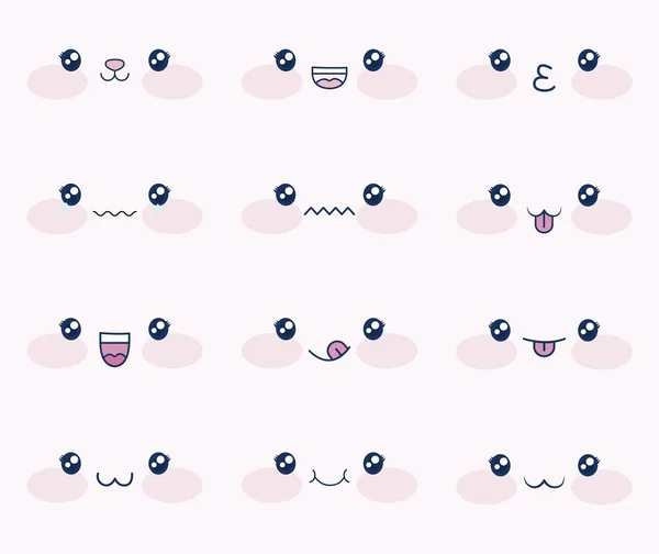 Lindo conjunto de caras kawaii — Vector de stock