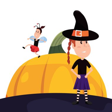 Cadılar Bayramı kostümleri ve kabak parti vektör çizim kızlarla