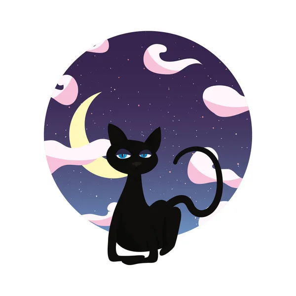 Черная кошка, сидящая ночью — стоковый вектор