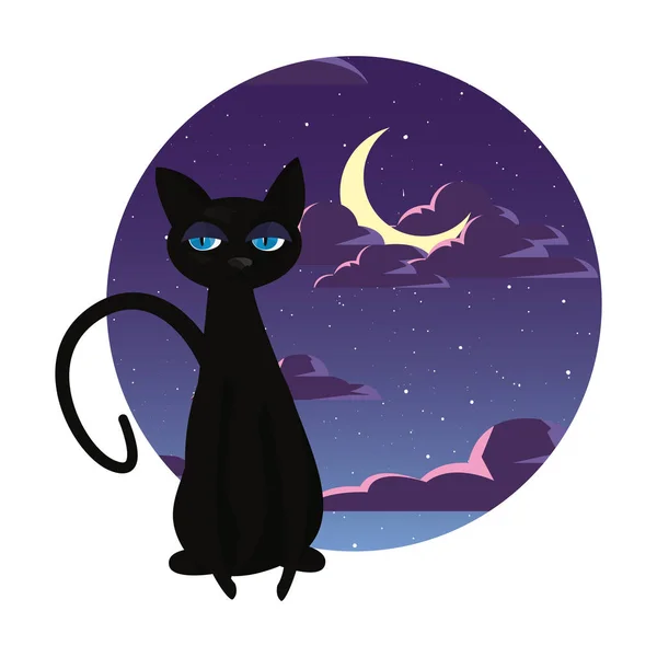 Gato negro sentado en la noche — Vector de stock