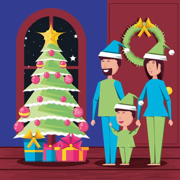 幸せな家族の家でクリスマスを祝う — ストックベクタ