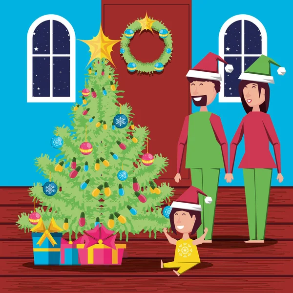 幸福的家庭庆祝圣诞节在房子向量例证设计 — 图库矢量图片#