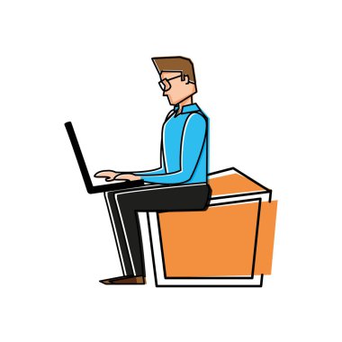 Genç adam dizüstü bilgisayarla oturuyor.