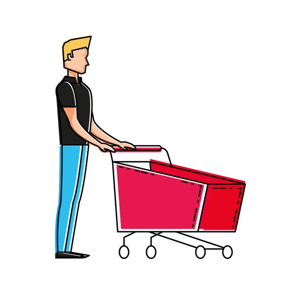 Young man with cart shopping — Stock Vector
