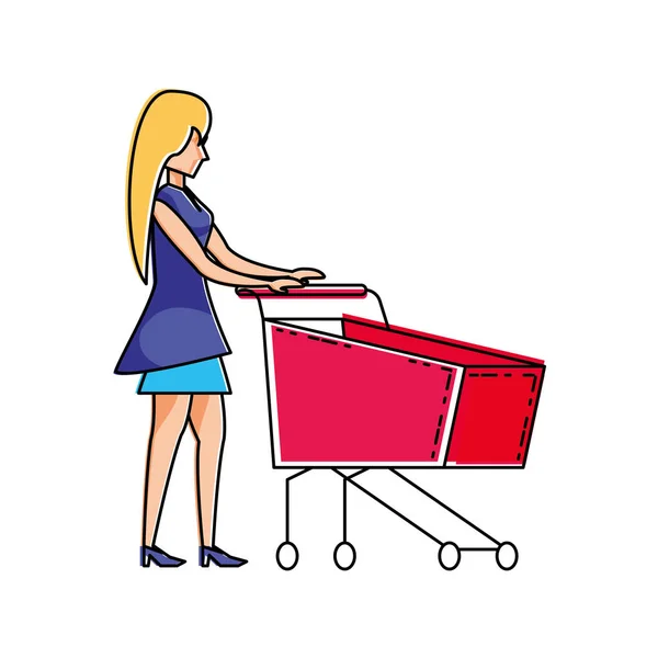 Mujer joven con carrito de compras — Vector de stock
