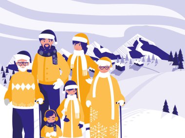 Grup aile ile Noel kış manzara modunda giysiler.