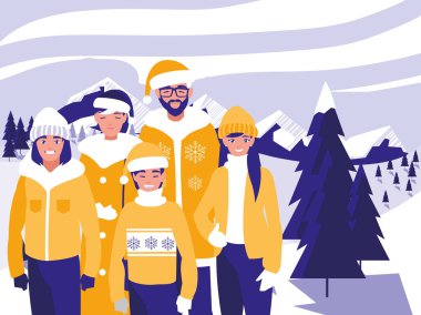 Grup aile ile Noel kış manzara modunda giysiler.