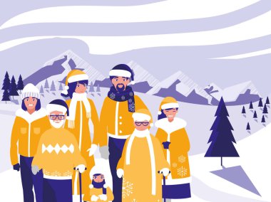 Grup aile ile Noel kış manzara modunda giysiler.